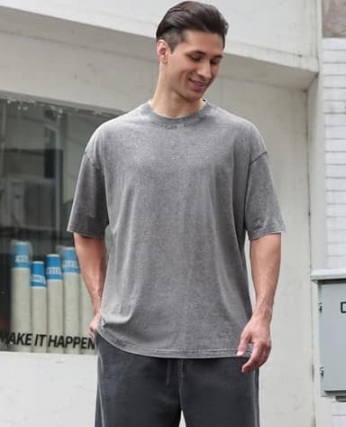3 Pcs Oversized Heavy Cotton Summer T-Shirts Vintage Unisex Short Sleeves Casual Loose Basic Tops(A-Blue+Grey+Black L) - Image 3