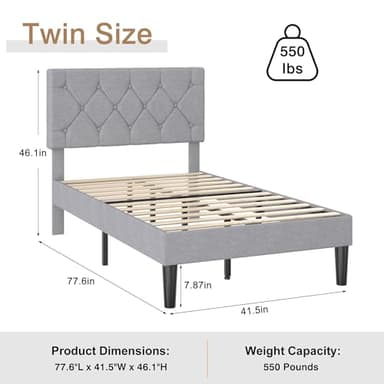 VECELO Twin Bed Frame with Button Tufted Headboard, Upholstered Platform with Wooden Slat Support, No Box Spring Needed, Grey - Image 2