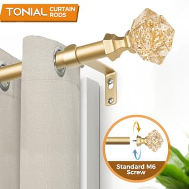 TONIAL Curtain Rods 32 to 55 Inch(2.6 to 4.8 ft), Telescoping Splicing 3/4 Single Rods for Windows 20 to 53 Inch(1.7 to 4.4 ft) Decorative Drapery Rod with Translucent Diamond Finial, Gold - Image 3