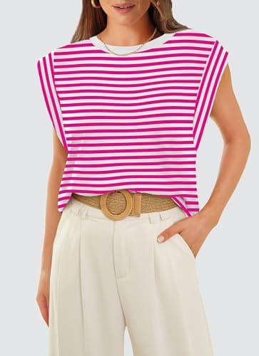 Cute Top for Women Summer Tops 2025 Casual Womens Tank Top Loose Fit Trendy 2025 Work Business Going Out Flowy T Shirts Cap Sleeve Sleeveless Basic Tee Tshirts Clothes Fuchsia Striped L - Image 3