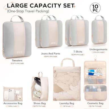 10 Set Compression Packing Cubes for Travel Women Mom,OlarHike Luggage Clothes Storage Gifts for Travelers,Airplane/Cruise/Car/Train Travel Essentials,Compressible Expandable Saver Space Bags(Beige) - Image 2