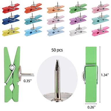 50Pcs Wooden Clips Push Pins Tacks for Cork Board Artwork for Crafts Arts Projects Photo Supplies(Colorful) - Image 2