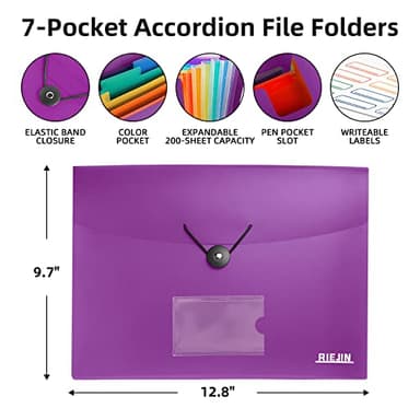 Accordian File Organizer 7 Pocket Expanding File Folder with Labels, Plastic Expandable File Folder for Documents Letter Size A4 Papers - Purple - Image 3