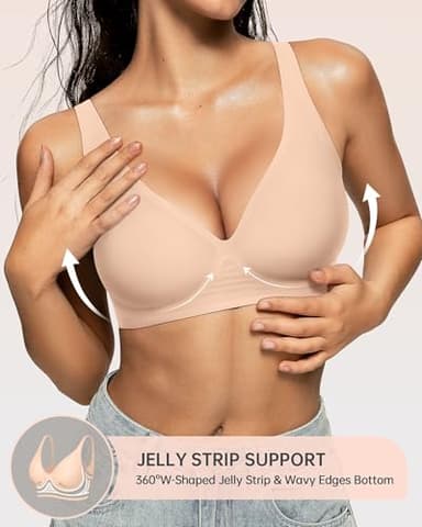 OEAK Womens Deep V Bras Wireless Comfortable Bra Supportive No Underwire Bras Tshirt Push Up Bralettes Plunge Seamless Bra Semolina S - Image 2