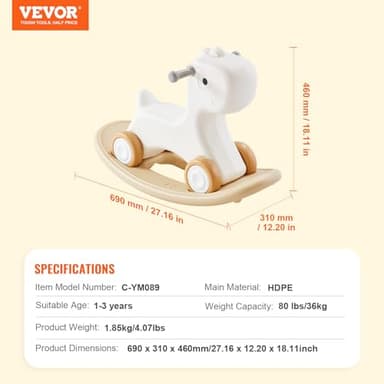 VEVOR 3 in 1 Baby Rocking Horse for Toddlers 1-3 Years,Rocking Horse with Detachable Balance Board and 4 Smooth Wheels, Support up to HDPE Material 80 lbs Kids Ride on Toy, 40° Swinging, White - Image 3