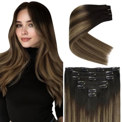 Ve Sunny Clip in Hair Extensions Real Human Hair Black Ombre Human Hair Clip in Extensions Black Balayage Brown with Blonde Clip in Human Hair Extensions 22inch 120g - Image 1