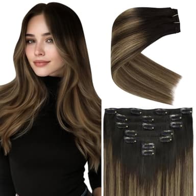Ve Sunny Clip in Hair Extensions Real Human Hair Black Ombre Human Hair Clip in Extensions Black Balayage Brown with Blonde Clip in Human Hair Extensions 22inch 120g - Image 1