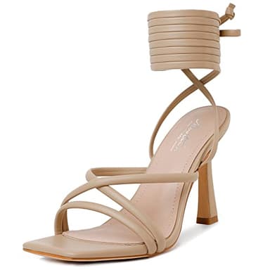 Mostrin Nude Strappy Heels for Women Lace Up Heels Tie Up Stiletto Heeled Sandals Square Open Toe High Heels for Prom, Party and Weddings Size 6 - Image 1