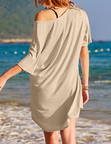 Ekouaer Womens Tshirt Nightgown Cotton V Neck Sleepshirts Comfy Casual Nightshirt for Women, Khaki, X-Large - Image 5