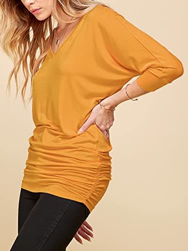 Made By Johnny MBJ WT1036 Womens V Neck 3/4 Sleeve Dolman Top with Side Shirring S Mustard - Image 4