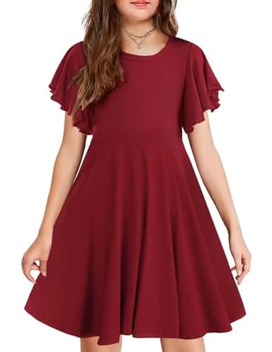 Arshiner Girl's Summer Dresses Ruffle Short Sleeve Swing Flowy Midi Casual Sundress with Pockets A Wine Red Toddler 4-5 Y - Image 1