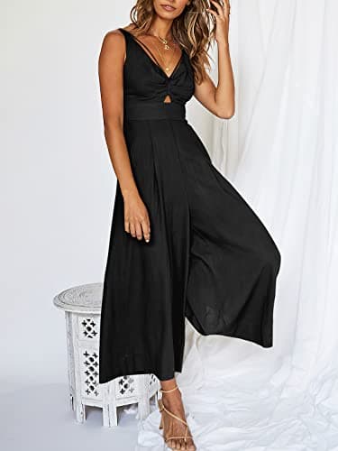 ANRABESS Women's Jumpsuits Summer Wide Leg Sleeveless V Neck Casual Dressy Linen Pants Rompers 2025 Vacation Beach Outfits Black Small - Image 3
