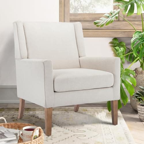 COLAMY Modern Wingback Living Room Chair, Upholstered Fabric Accent Armchair, Single Sofa Chair with Lounge Seat and Wood Legs for Office/Bedroom/Reading Spaces, Beige - Image 1
