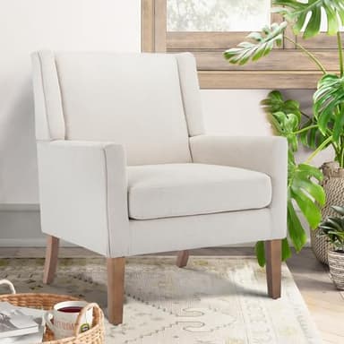 COLAMY Modern Wingback Living Room Chair, Upholstered Fabric Accent Armchair, Single Sofa Chair with Lounge Seat and Wood Legs for Office/Bedroom/Reading Spaces, Beige - Image 1