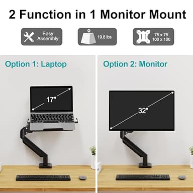 MOUNT PRO Laptop Arm Mount for Desk, 2 in 1 Function Monitor Laptop Stand, Fits Max 17" Notebook and 32" Computer Screen, Aluminum Single Monitor Holder with Adjustable Tray, Holds up to 19.8lbs - Image 2