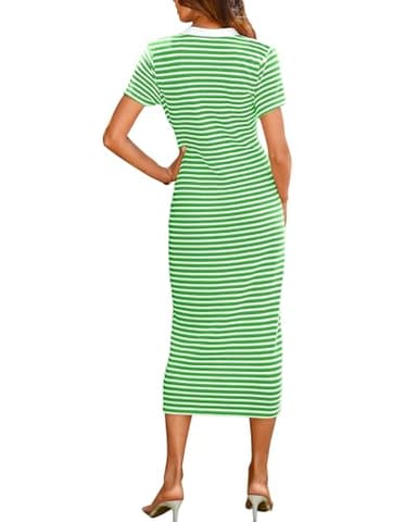 BTFBM Women Casual Summer Dresses Short Sleeve Striped Midi Dresses Decorative Button Ribbed Knit Party Dress(Green,Medium) - Image 2