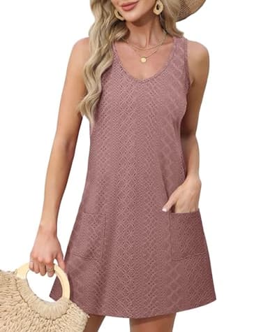 OFEEFAN Bathing Suit Cover Up for Women Summer Dresses 2024 Loose V Neck Sleeveless Dress Sundresses with Pockets Eyelet Pink L - Image 2