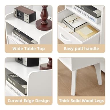 YUFAM Wooden Night Stand,Mid Century Modern Nightstand,Side Tables with Fabric Drawers and Open Storage Shelf,Bedside Table with Wood Legs,End Table for Bedroom,Sitting Room and Small Spaces (White) - Image 4