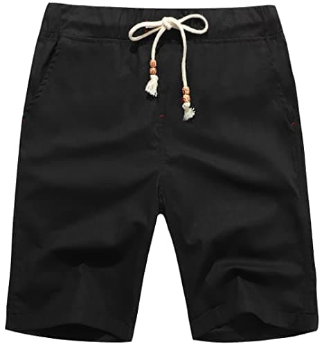 Janmid Men's Linen Shorts Casual Elastic Waist Drawstring Summer Beach Shorts with Pockets Black 2XL - Image 1