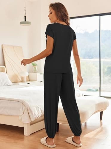 Ekouaer Pajamas for Women 2 Piece Lounge Sets Cap Sleeve Loungewear Top with Joggers Pants S-XXL Black - Image 3