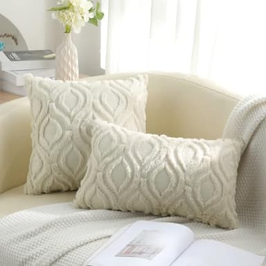 decorUhome Fall Throw Pillow Covers 18x18 Inch Set of 2, Soft Plush Decorative Faux Fur Beige Solid Couch Pillow Covers, Accent Farmhouse Neutral Square Euro Pillow Cases for Sofa Bed Living Room - Image 6