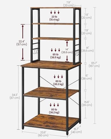 VASAGLE Coffee Bar, Baker’s Rack for Kitchen with Storage, 6-Tier Kitchen Shelves with 6 Hooks, Microwave Stand, Industrial, 15.7 x 23.6 x 65.7 Inches, Rustic Brown and Black UKKS024B01 - Image 3