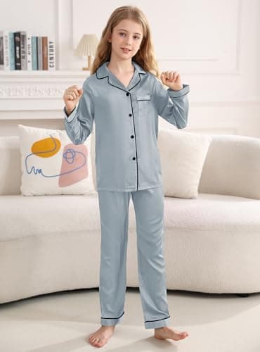 Veseacky Girls Boys Button Up Pajama Set Satin Silk Long Sleeve Shirt & Pant PJ Sleepwear (Grey,10-11y) - Image 2
