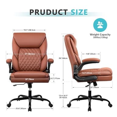 BestEra Office Chair, Executive Leather Chair Home Office Desk Chairs, Ergonomic Computer Desk Chair with Adjustable Flip-Up Arms, Lumber Support Swivel Task Chair with Rocking Function (Brown) - Image 2