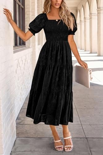 PRETTYGARDEN Women's 2025 Summer Casual Midi Dresses Square Neck Short Sleeve Smocked A Line Floral Flowy Elegant Boho Dress (Black,X-Large) - Image 5