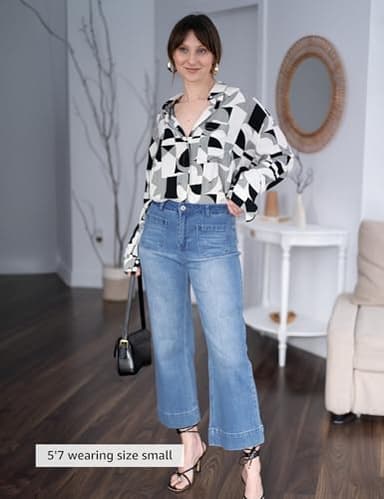 luvamia Wide Leg Jeans for Women Trendy High Waisted Flare Jeans Cropped Denim Pants Stretchy Baggy with Patch Pockets Jeans for Women Trendy Business Casual Clothes for Women Blue Tides Size 10 - Image 4