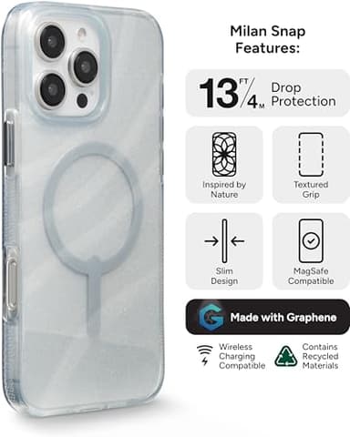 ZAGG Milan Snap iPhone 16 Pro Max Case – White Glitter Swirl on Clear Base, MagSafe Compatible, 13ft Drop Protection, Recycled Materials, Slim & Stylish Design - Image 3