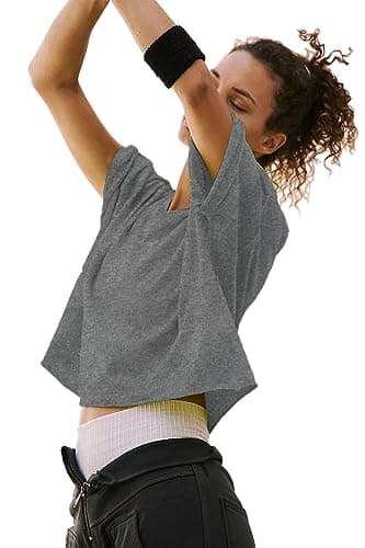 Casual Flowy Cotton Tshirts Shirts for Women Summer Round Neck Short Sleeve Basic Crop Tops for Women Trendy Sweat Yoga Gym Hiking Cropped Workout Tops for Teen Girls Tee Shirts Womens Deep Gray M - Image 3