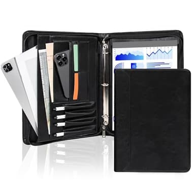 AZXCG Zipper Portfolio Padfolio Binder,3-Ring Padfolio for Women and Men,A4/Letter Size, PU Leather with iPad,Professional Organizer for Resume/Interview (Black) - Image 1