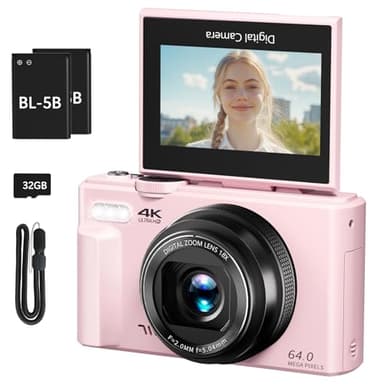 4K Digital Camera for Photography, 64MP Vlogging Camera for YouTube with 3" 180° Flip Screen, 18X Digital Zoom Point and Shoot Camara with 32GB Micro SD Card for Beginner (Pink) - Image 1