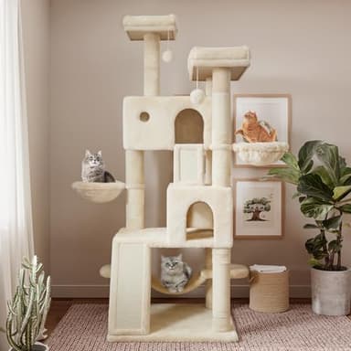 SHA CERLIN 65in Larger Cat Tree Tower Condo for Indoor Kitties/Multi-Level Furniture Activity Center with Wide Base/Cozy Plush Cat Perches/Baskets/Sisal Scratching Posts and Hammock/Beige - Image 2