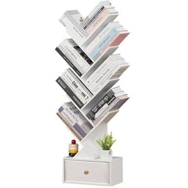 SHEEPAM 8 Tier Tree Bookshelf with Drawer, Free Standing Wood Bookcase for Living Room, Bedroom, Home Office, Space Saving Storage Organizer Bookshelves for Books, CDs, Vinyl Records- White - Image 8