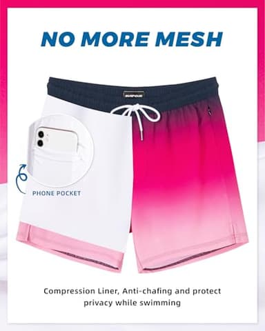 SURF CUZ Mens Swim Trunks with Compression Liner Mens Swimming Trunks 5 Inch Bathing Suit with Zipper Pockets Quick Dry Swim Shorts Cherry Pink Gradient Medium - Image 2
