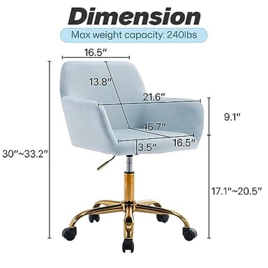 KCC Velvet Office Desk Chair, Comfy Swivel Modern Leisure Armchair with Wheels, Upholstered Comfy Velvet Fabric Makeup Chair Height Adjustable for Teens Women Girls Elegant Home Office, Baby Blue - Image 3