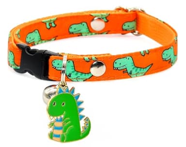 Cat Collar with Dino Charm, Vitality Orange & Green Dinosaur Pattern, X-Small (8" - 13") - Image 2
