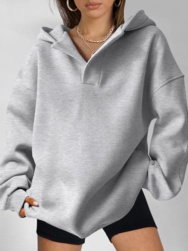 ANRABESS Womens Oversized Hoodies V Neck Sweatshirts Fleece Long Sleeve Pullover Y2K Clothes 2025 Fall Trendy Outfits Light Gray L - Image 5