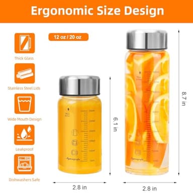 Glass Juice Bottles 4 Pack 20 oz - Wide Mouth Glass Water Bottles with Lids - for Juicing, Smoothies, Milk, Protein, BPA Free, Reusable, Stainless Steel Lids, Leak Proof, Shaker bottle (20oz/600ml) - Image 2