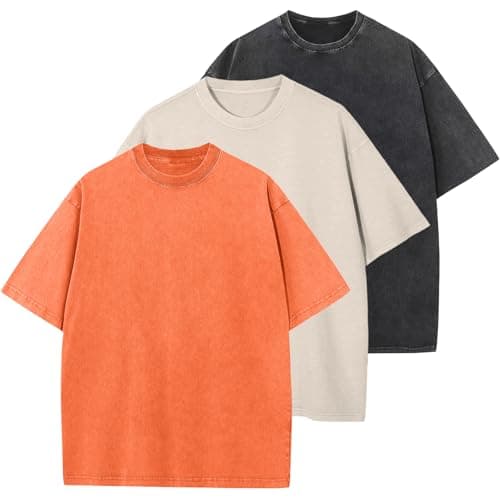 3 Pcs Oversized Heavy Cotton Summer T-Shirts Vintage Unisex Short Sleeves Casual Loose Basic Tops(A-Orange+Beige+Black L) - Image 1