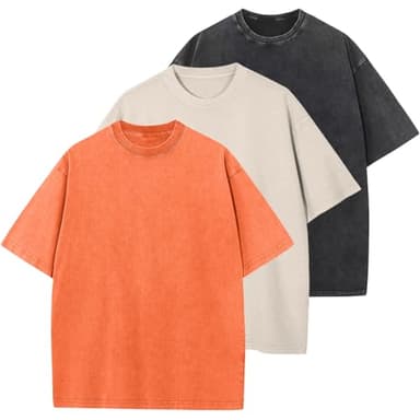 3 Pcs Oversized Heavy Cotton Summer T-Shirts Vintage Unisex Short Sleeves Casual Loose Basic Tops(A-Orange+Beige+Black L) - Image 1