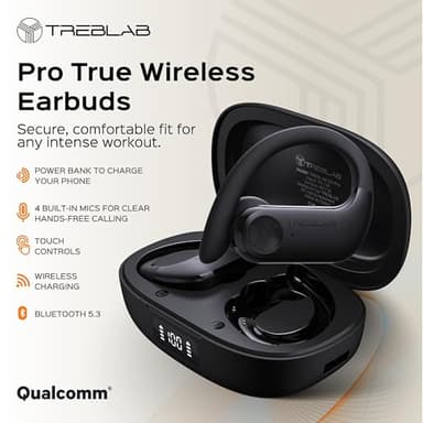 TREBLAB X3 Pro - Workout True Wireless Earbuds, Comfortable Earhooks, Bluetooth 5.3, Punchy Bass, Noise Isolation, 145H Playtime, IPX5 Waterproof, Sweatproof, 2 Mics for Calls, Sport Bluetooth Earbuds - Image 8
