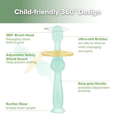 haakaa 360° Baby Toothbrush with Suction Base - Gentle Cleaning for Toddler's Self-Brushing Training, Food-Grade Silicone, Adjustable Safety Shield - Blue (1 Piece) - Image 6