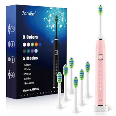 7AM2M Sonic Electric Toothbrush with 6 Brush Heads for Adults&Kids, One Charge for 120 Days, Wireless Fast Charge, 5 Modes, 40000VPM Powered Toothbrush, 2 Minutes Built in Smart Timer -Pink - Image 1
