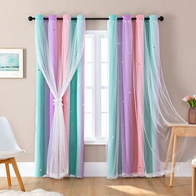 XiDi Dream Star Blackout Curtains for Kids Rooms Girl Princess Curtain for Daughter Bedroom Window (Pink Purple Green, W52 X L84) - Image 1