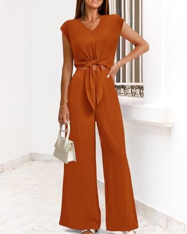 PRETTYGARDEN Women 2 Piece Sets 2025 Sexy Sleeveless V Neck Tie Waist Crop Tops Palazzo Pants Set Casual Lounge Wear(Solid Brown Orange,Small) - Image 7