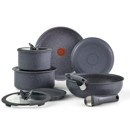 T-fal Ingenio Essentials Cookware Set with Detachable/Removable Handle 11 Piece, Granite Titanium Non Stick, Oven Broiler Safe 500F, Stackable, Pots and Pans Set, Frying Pans, Dishwasher Safe, Gray - Image 1
