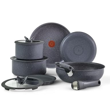 T-fal Ingenio Essentials Cookware Set with Detachable/Removable Handle 11 Piece, Granite Titanium Non Stick, Oven Broiler Safe 500F, Stackable, Pots and Pans Set, Frying Pans, Dishwasher Safe, Gray - Image 1